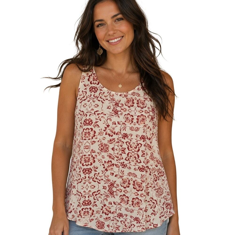 Max Studio Floral Sleeveless Top Womens Large White Red Blush Career Shell  Tank